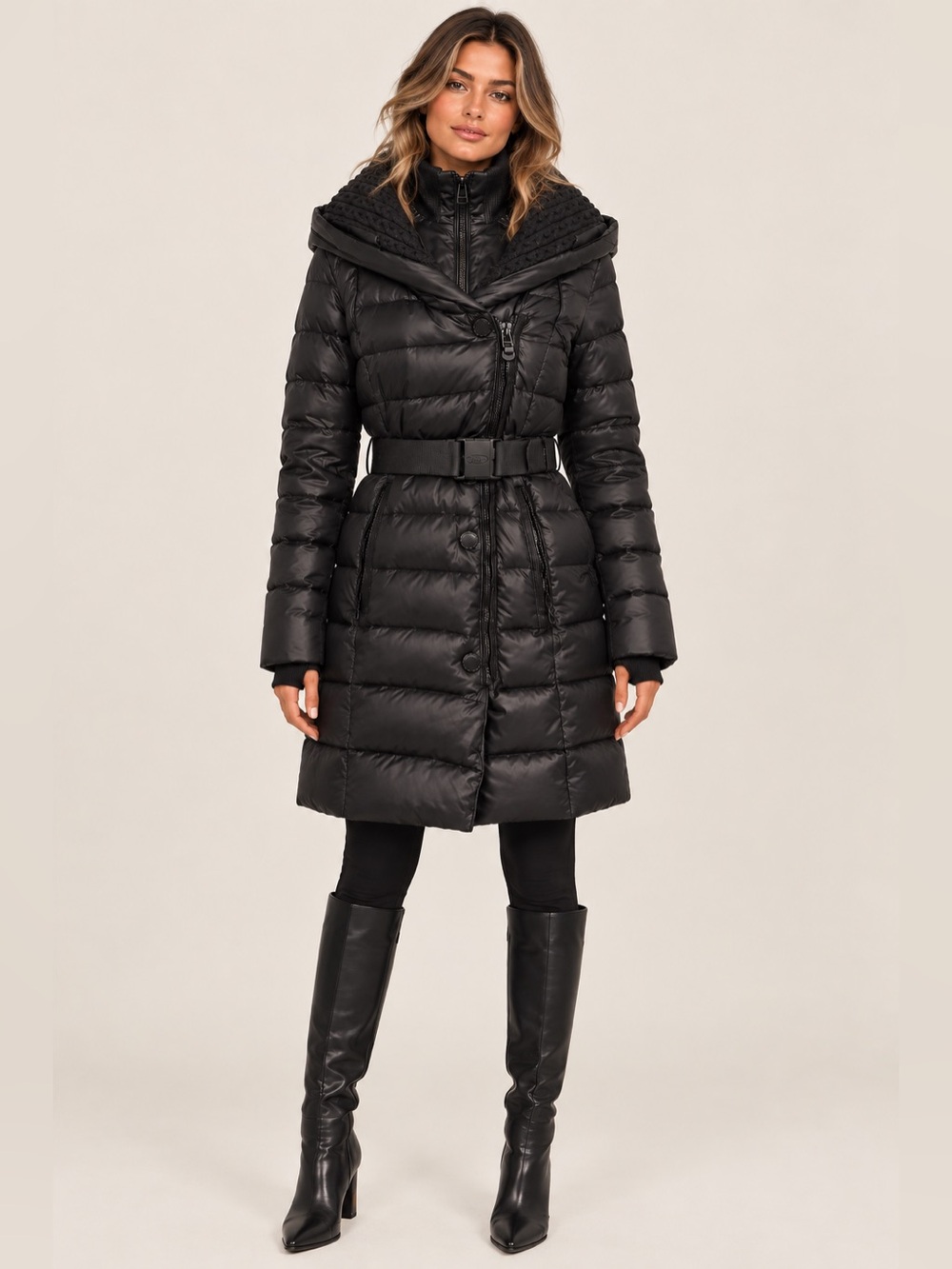 Quilted Belted Puffer Coat - Black